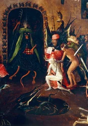 Tryptic of the Last Judgement, painel direito. O Inferno com monstros meio-homem, meio-animal. Detalhe (pintura sobre madeira, c.1504)