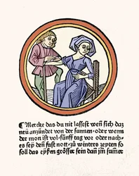 Uma mulher está a sangrar. Xilografia tirada de "Buch de Surgery" por Hyeronimus Braunschweig. Estrasburgo 1497