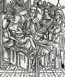 Médicos que examinam o leproso