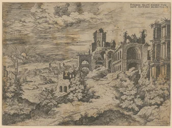 Ruínas do Palatino com vista panorâmica da paisagem, folha 3 da série «Praecipua aliquot Romanae Antiquitatis Ruinarum Monimenta [...]»