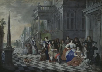 Personagens fazendo música na frente de um palácio, 1672