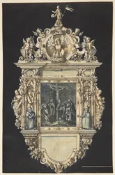 Esboço de um epitáfio com a crucificação de Cristo. Uma moldura ricamente ornamentada com inúmeras figuras