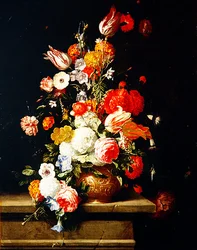 Rosas, Peônias, Túlipas e Hortênsias em Urna de Bronze Decorativa (óleo sobre painel)