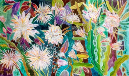 Floração Nocturna Moonflower, Peru, 2022 (tingir e pintar sobre seda)