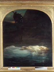 O jovem mártir. O corpo de um jovem mártir cristão com uma auréola flutua numa superfície de água. 1855. Dimensões: 1,7 x 1,48 m. Paris, Musée du Louvre.