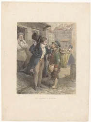 Cavalheiro bem vestido acende seu charuto do cachimbo de um trabalhador em trapos Les extrêmes se touchent (título no objeto) Esboços litográficos (título da série) Croquis lithographiques (título da série no objeto)