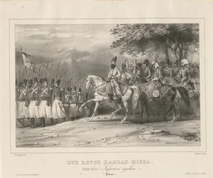 Prince, marechal-de-campo Abbas Mirza 1789-1833, inspeciona o regimento de infantaria, 1835
