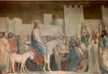 Entrada de Cristo em Jerusalém no Domingo de Ramos: os habitantes recebem-no com alegria, estendendo as suas roupas no chão e agitando ramos de oliveira. Pormenor de um fresco de Hippolyte Flandrin (1809-1864). Século XIX, igreja de