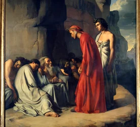 Dante e Virgílio no Inferno, ou Dante, guiado por Virgílio, oferece consolo às almas dos invejosos. Ilustração do Inferno da Divina Comédia (Divina Comedia) de Dante Alighieri (1265-1321). Pintura de Hippolyte Flandrin (1809-1864), século XIX, dimensões 2