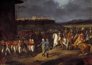 Campanha da Espanha: "Imperador Napoleão I foi apresentado em Astorga, Espanha, prisioneiros ingleses e ordenou que fossem tratados com especial cuidado, Janeiro de 1809" Detalhe. Pintura de Hippolyte Lecomte (1781-1857) 1810 Sol. 1,13x1,52 m