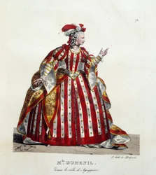 A atriz francesa Marie Francoise Marchand chamou Mademoiselle Dumesnil (1713-1803) no papel de Agrippine na peça "Britannicus" de Jean Racine (1639-1699) na Comédia Francesa. Litografia de Hippolyte lecomte (1781-1857). Coleção Particular