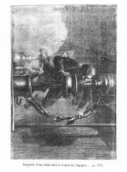 Pendurado por uma mão entre o carro de bagagem, ilustração de "Ao redor do mundo em oitenta dias" por Jules Verne (1828-1905) gravado por P. Louis, 1873