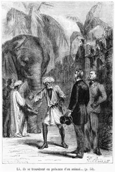 Phileas Fogg diante de um elefante, ilustração de 