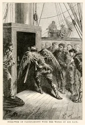 Seguido por Passepartout com as asas nas costas, de todo o mundo em oitenta dias por Jules Verne (1828-1905), gravado por Adolphe François Pannemaker (1822-1900), 1873