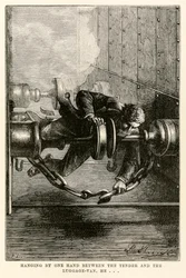 Pendurado por um lado entre o concurso e a bagagem-van, ele ... de todo o mundo em oitenta dias por Jules Verne (1828-1905) gravado por Louis, 1873