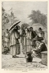 Em seu passeio, Passepartout encontrou vários nativos antigos, de Volta ao Mundo em Oitenta Dias, de Jules Verne (1828-1905), gravados por Adolphe François Pannemaker (1822-1900), 1873