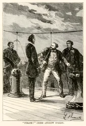 «Piratas!», gritou Andrew Speedy, de A Volta ao Mundo em Oitenta Dias, de Jules Verne (1828-1905), gravado por Louis Dumont (n. 1822), 1873
