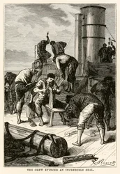 A tripulação evidenciou um incrível zelo, de Volta ao Mundo em Oitenta Dias, de Jules Verne (1828-1905), gravado por Louis Dumont (n.1822), 1873
