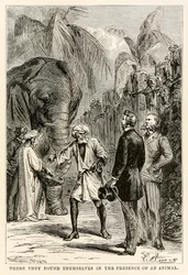 Lá, eles se encontraram na presença de um animal, de Volta ao Mundo em Oitenta Dias, de Júlio Verne (1828-1905), gravado por Adolphe François Pannemaker (1822-1900), 1873