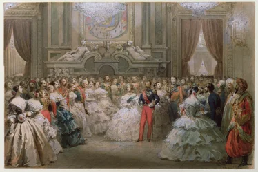 Rainha Vitória (1819-1901) e Príncipe Albert (1819-1861) em um jantar de gala oferecido por Napoleão III e Eugenie, 1853 (wc no papel)
