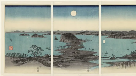 Panorama noturno das Oito Vistas de Kanazawa em Musashi. Buyo Kanazawa hassho yakei (título do objeto) Neve, Lua e Flores (título da série) Setsugekka (título da série)