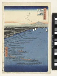 A costa em Samezu no sul de Shinagawa Minami Shinagawa Samezu kaigan (título no objeto) Cem Faces Famosas em Edo (título da série) Meisho Edo hyakkei (título da série no objeto)