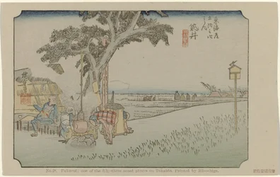 Fukuroi Nº 28. Fukuroi: um dos cinquenta e três lugares notáveis em Tokaido, pintado por Hiroshige (título no objeto) De Tôkaidô van Hiroshige (título da série) Hiroshige no fude Tôkaidô (título da série no objeto)