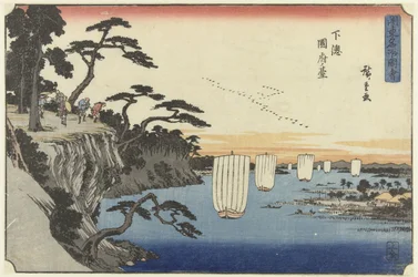 Het klif te Kokufu na província de Shimosa Shimosa Kokufu no dai (título no objeto) Beroemde gezichten op de Kanto (título da série) Kanto meisho zue (título da série no objeto)