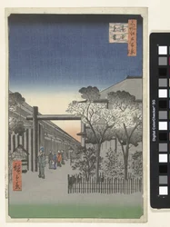 Amanhecer em Yoshiwara Kakuchu toun (título no objeto) Cem Faces Famosas em Edo (título da série) Meisho Edo hyakkei (título da série no objeto)