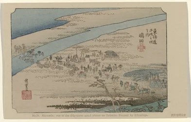 Shimada Nº 24. Shimada: um dos cinquenta e três lugares notáveis em Tokaido, pintado por Hiroshige (título no objeto) De Tôkaidô van Hiroshige (título da série) Hiroshige no fude Tôkaidô (título da série no objeto)