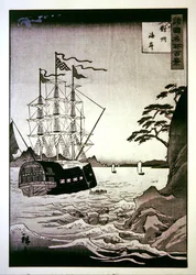 Um navio europeu negro na costa de Tsushima