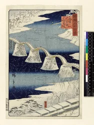 Kintai ponte na neve, da série &39;Shokoku Meisho Hyakkei&39;, (impressão woodblock colorido à mão)