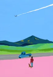 Avião e pick up caminhão e cachorro e prado