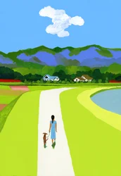 As Montanhas Azuis e a Mulher a Caminhar com o Cão