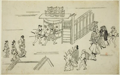 Entrada de Ageyacho, da série "A Aparição de Yoshiwara (Yoshiwara no tei)", c.1681-84 (xilogravura; sumizuri-e, oban)