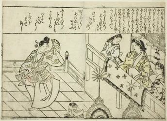 Shintokumaru Dançando antes de Oto Hime, do livro ilustrado "Coleção de Imagens de Belezas (Bijin e-zukushi)"