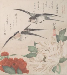 Coleção Spring Rain Harusame shu, vol. 3: Andorinhas e Peônias, ca. 1820., c. 1820.