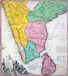 Mapa da península indiana, 1733 (gravura colorida à mão)