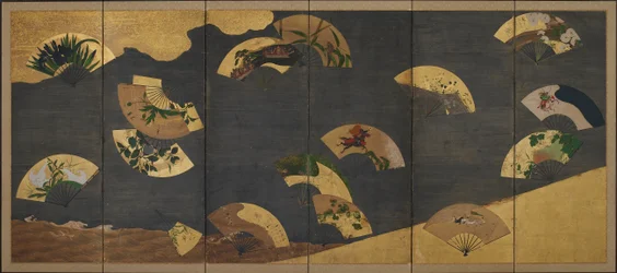 Leques e nuvens sobre rochas e água, período Edo, início do século XVII.