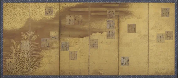 Flores, gramíneas, um bambu cego e 18 papéis de poemas decorados e inscritos, período Edo (ouro e ligeira cor no papel)