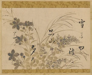 Flores, gramíneas e um poema, período Edo, 1615-1637.