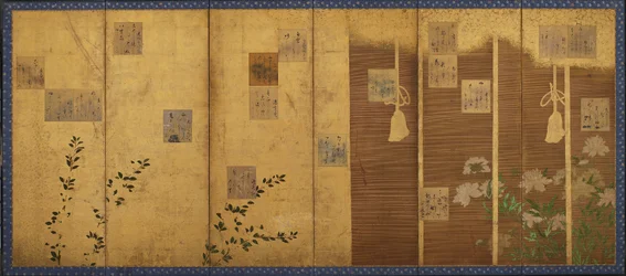 Biombos montados com poemas da antologia, Shin kokinshu, período Edo, c1624-1637.