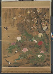 Pergaminho Pendurado, Aves Reunidas sob o Salgueiro da Primavera, finais de 1400s - início de 1500 (tinta e cor sobre seda)