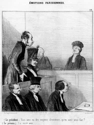 (Presidente) Você tinha um meio de subsistência, o que fez com ele? (O réu) Eu existo com...,, série de desenhos animados sobre emoções parisienses de Honore Daumier (1808-1879). "Charivari"