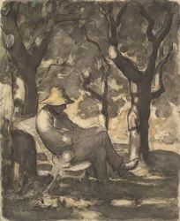 Um homem lendo em um jardim reto..., c. 1865.