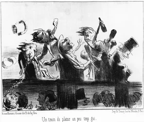 Um comboio divertido um pouco alegre demais: retirado de "Les trains de Plaisir", desenhos animados da série sobre os caminhos-de-ferro de Honore Daumier (1808-1879). "Charivari".