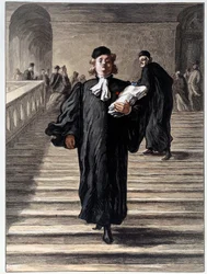 Um advogado com um vestido no tribunal. Litografia de Honore Daumier (1808-1879) Paris do século XIX, Musee Carnavalet