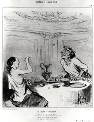 História antiga: a morte de Anacreon, caricatura para ilustrar um trecho das obras badinas de Jacques-Benigne (Jacques Benigne) Bossuet (1627-1704): "Entre queijo e pêra, Este cantor de amores folatrait depois de beber, Quando um infeliz pepepei