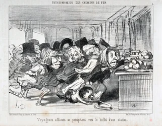 Obra de Honore Daumier (1808-1879) Charivari data de 1852: Série PHYONOMIES DES CHAIN DE FERR Viajantes famintos correndo em direção ao buffet de uma estação MUSEE DES BEAUX ARTS - PALAIS LONGCHAMP, MARSEILLE