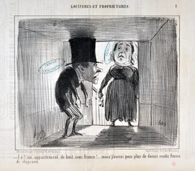 Obras de arte de Honore Daumier (1808-1879) Charivari data de 1854: SERIE TENNIQUES E PROPRIETÁRIOS "Ca!... um apartamento de oitocentos francos!... mas vou usar por mais de doze centenas de francos de chapéus" MUSEE DES BEAUX ARTS - PALAIS LONGCHAMP, MARS
